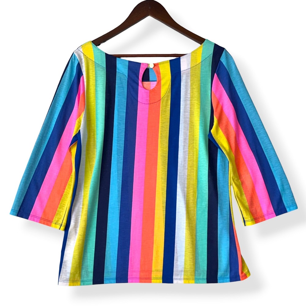 Lilly Pulitzer Blouse L Waverly Rainbow Stripe 100% Pima Cotton Dopamine Preppy - Picture 2 of 10